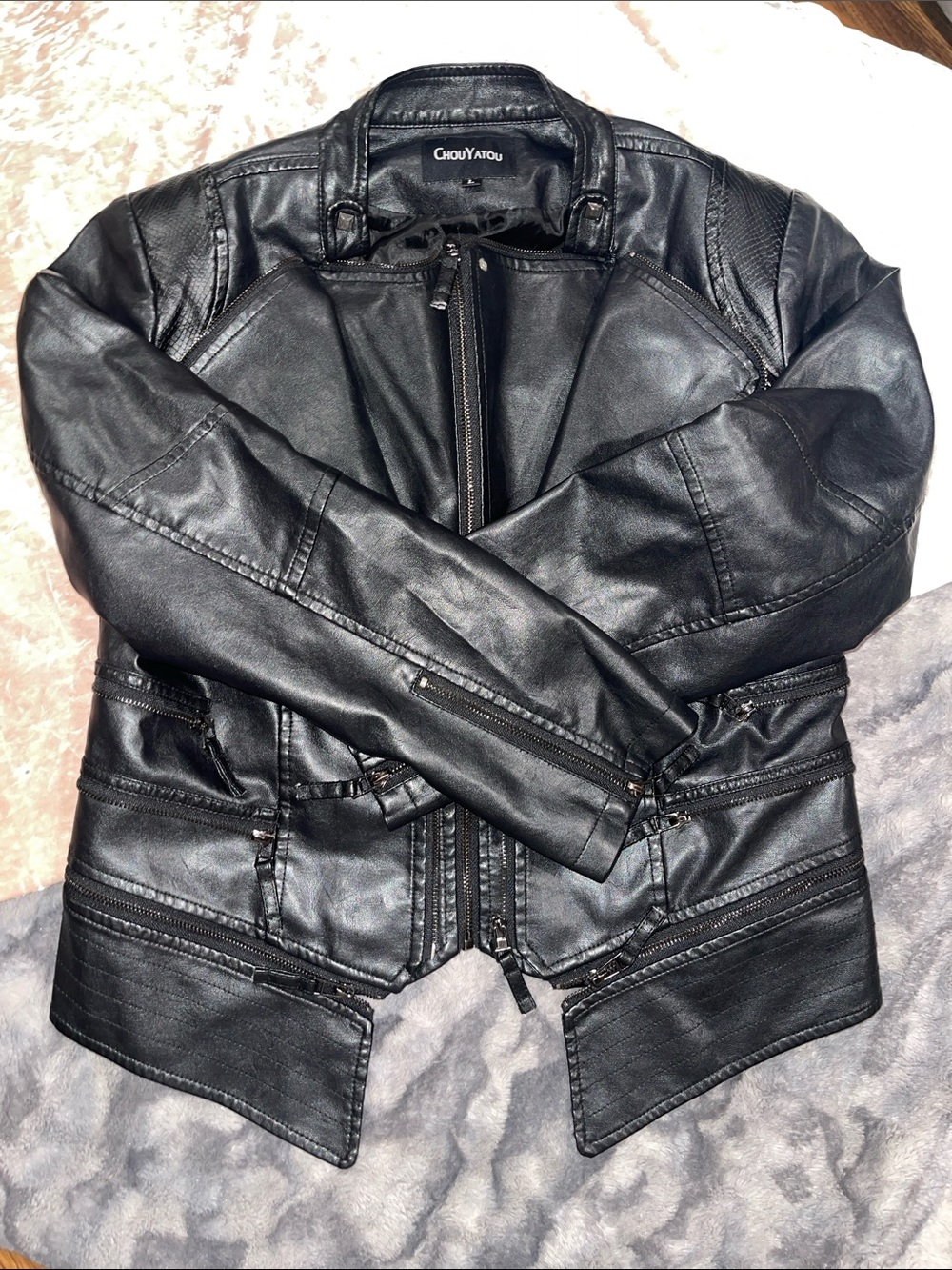 chouyatou Women's Black Leather Moto Jacket - Picture 3 of 10